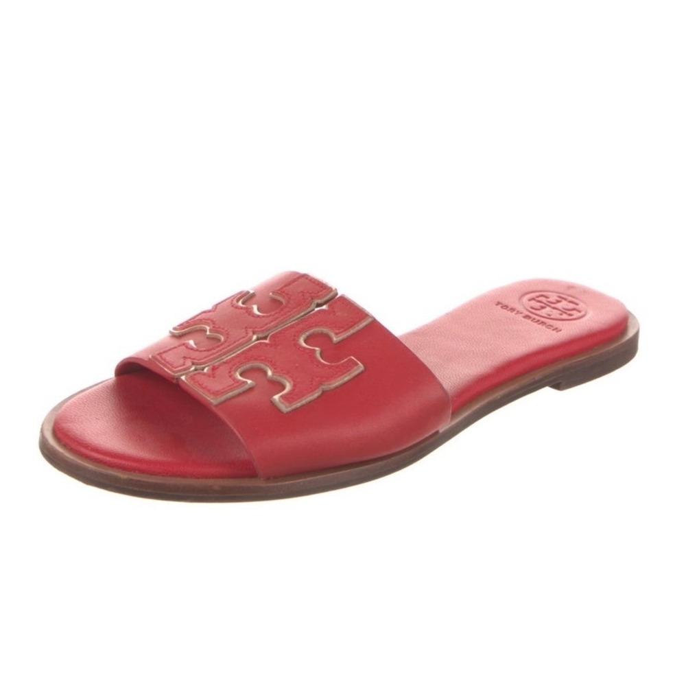 Tory Burch Ines Slide Sandals‎ Red Leather Gold Trim Logo Flats 6.5